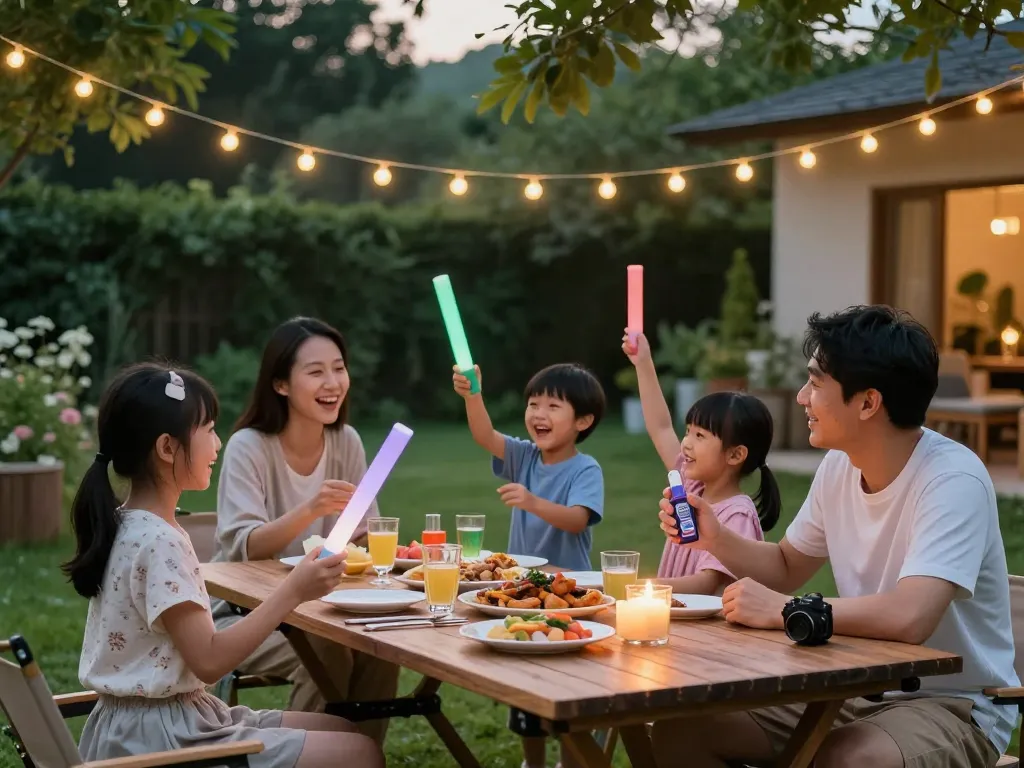 Family using mosquito repellent around a barbecue during summer evening celebrations.