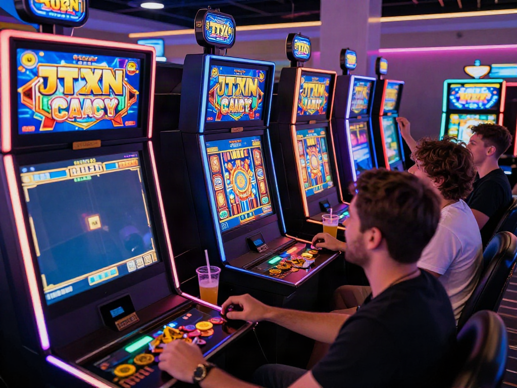 Permainan slot777 dengan pemain bersenang-senang merayakan kemenangan jackpot di lounge game modern.