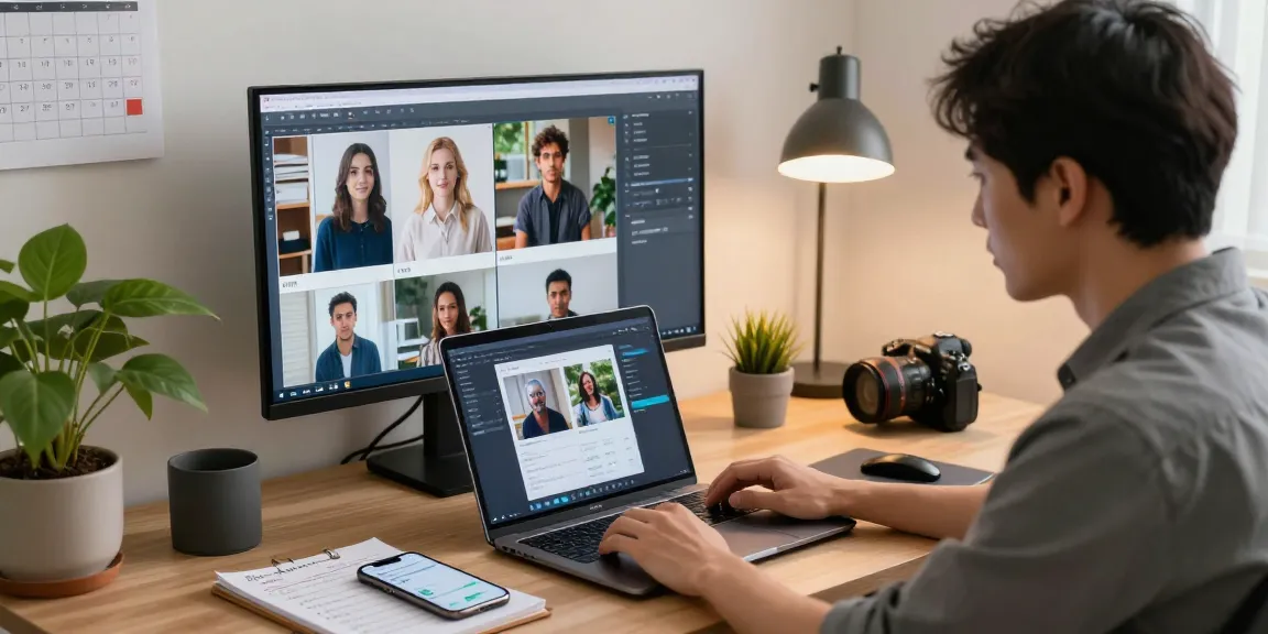 Analyst using AI image detector tool on a laptop in a modern workspace, assessing authenticity of images.