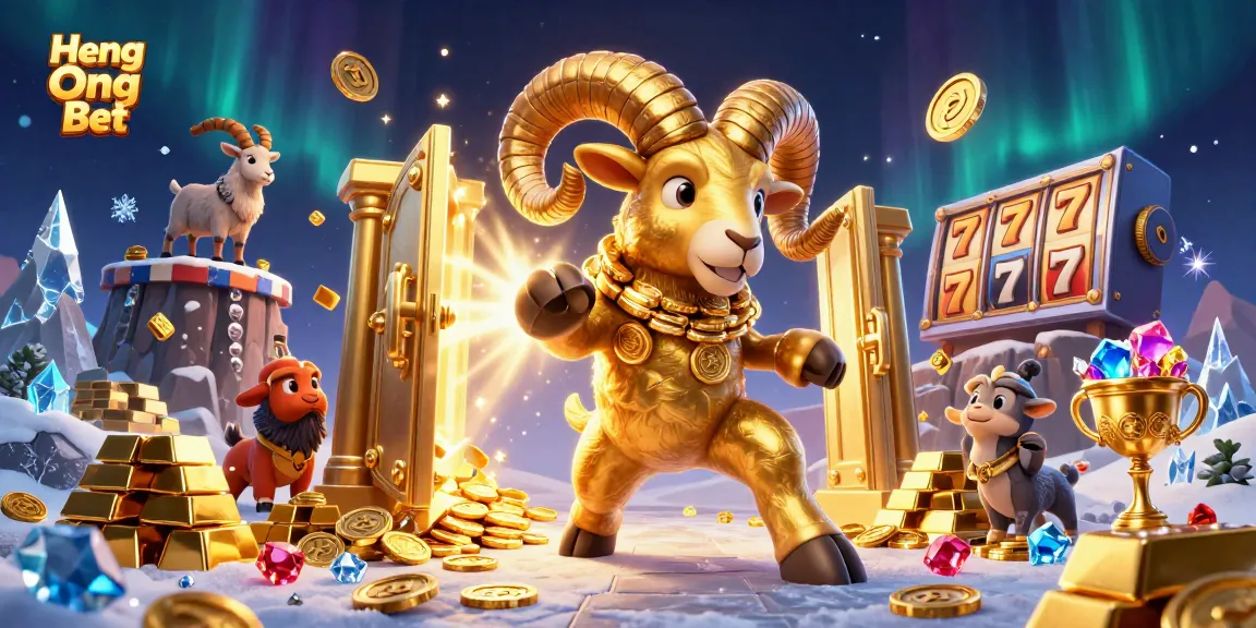 Engage with Heng Ong Bet's vibrant casino atmosphere featuring a golden ram charging towards slot jackpot treasures.
