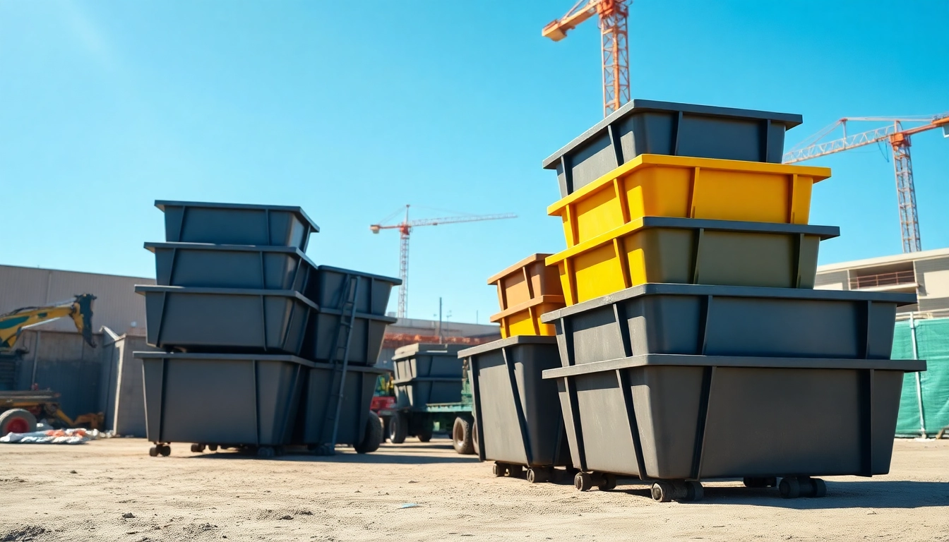Efficient roll off bins on a busy construction site showcasing various sizes for effective waste management.