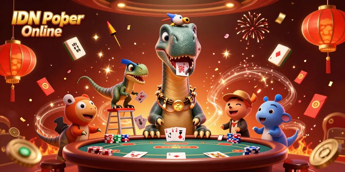 IDN Poker Online showcases an engaging 3D scene with a brontosaurus and raptor amidst poker elements.