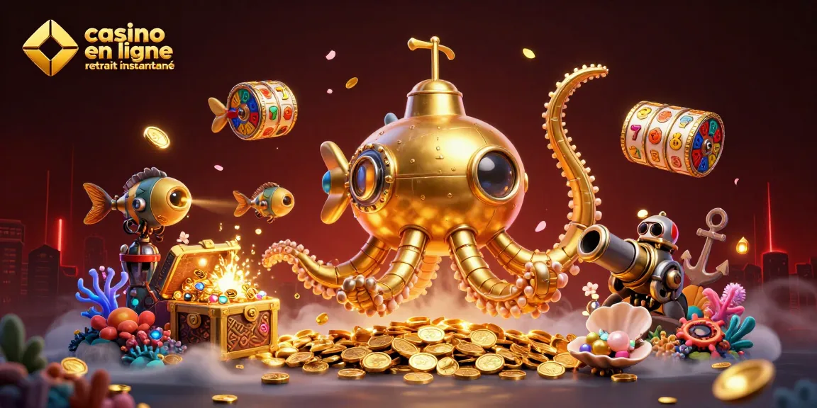 Casino en ligne retrait instantané avec une illustration 3D dynamique de kraken et poissons mécaniques parmi des pièces d'or.