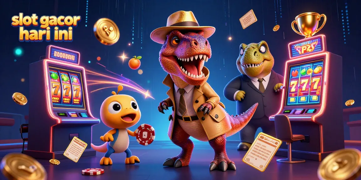 Menghadapi tantangan slot gacor hari ini, velociraptor tersamar di mesin slot sambil disaksikan boss stegosaurus dengan suasana kasino yang meriah.