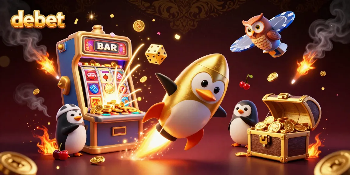 Experience the thrill of debet casino gaming with golden penguins and a space-themed jackpot explosion.