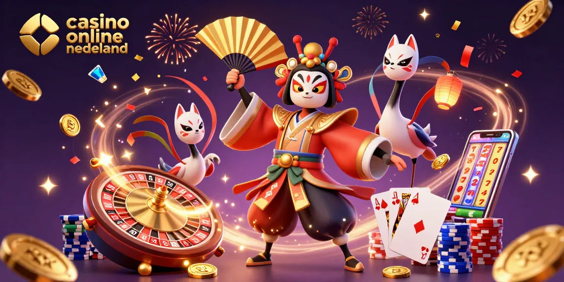 Cascade of vibrant slots and roulette elements with kabuki warriors showcasing casino online nederland excitement.