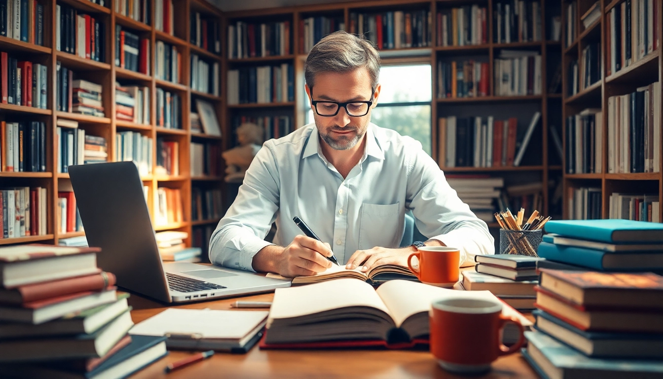 Author engaged in writing at a desk, showcasing a creative workspace with books and a laptop.