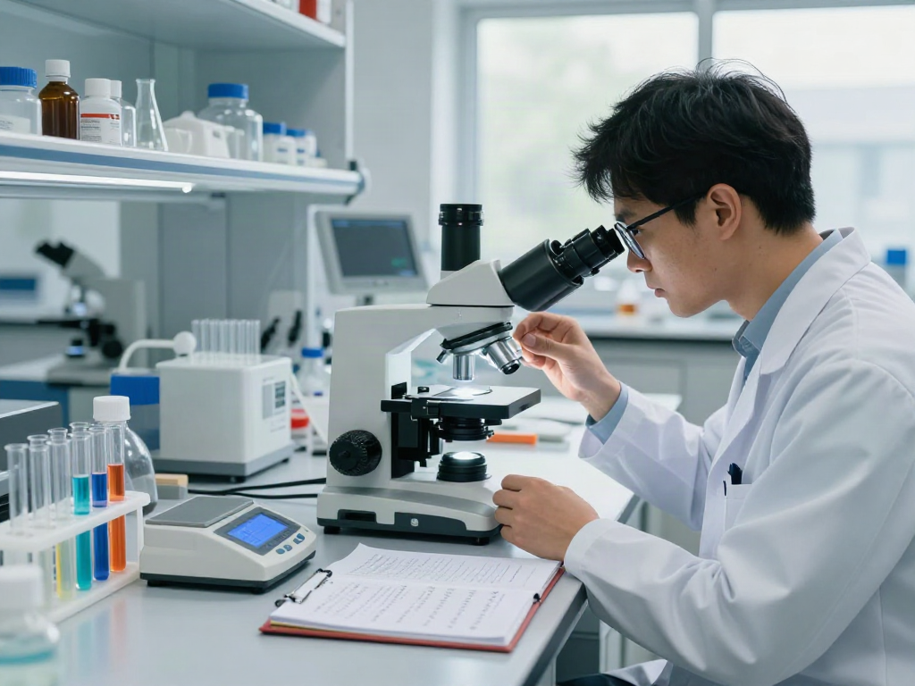 Researcher analyzing Swiss Chems peptide samples in a modern lab.