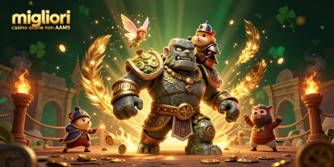 Migliori casino online non AAMS che mostrano una scena dinamica con un guardiano golem di pietra e personaggi colorati in un’atmosfera coinvolgente