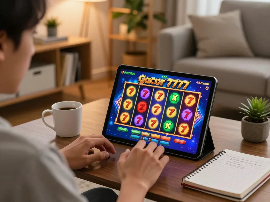 Engaging online slot gacor 777 game played on a tablet with vibrant colors and winning lines displayed