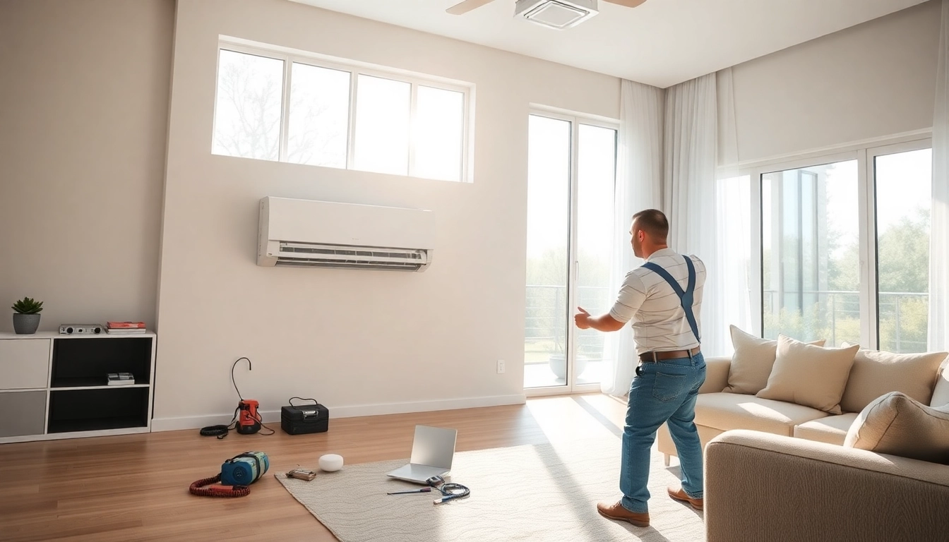 Technician performing AC installation services in a bright living room.