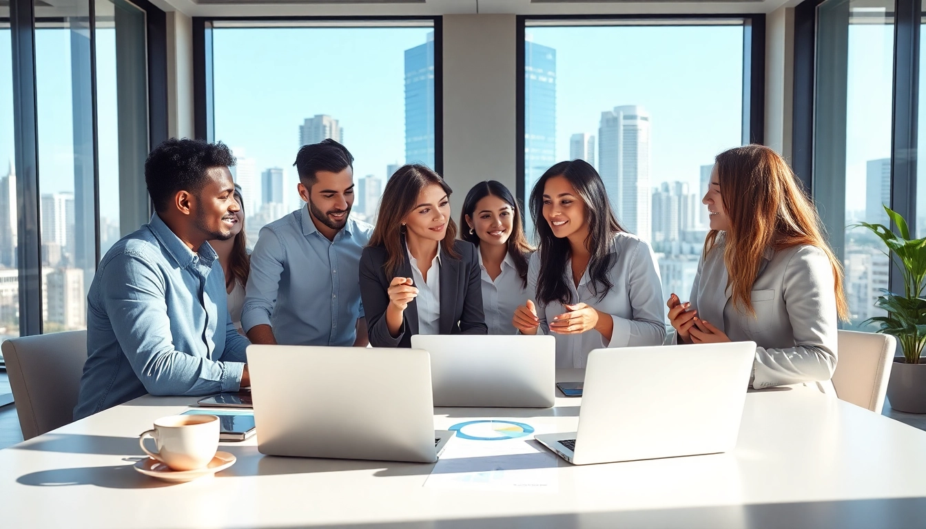 SEO Agency Clearwater team collaborating in a bright office setting with a city view.