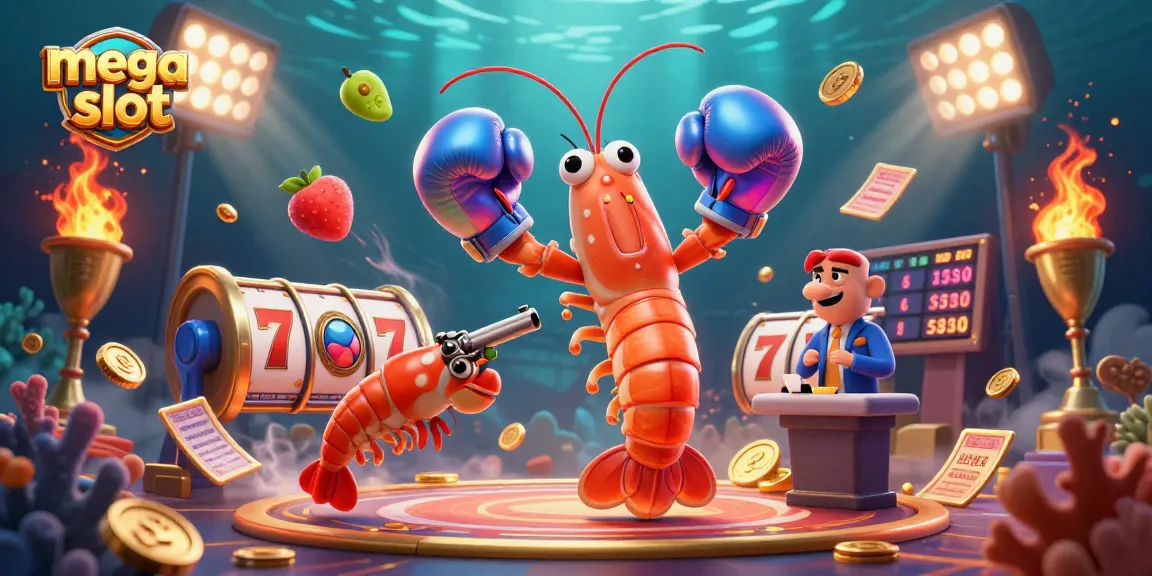 Memainkan mega slot dengan simbol buah berwarna cerah dan jackpot mewah, dikelilingi dengan koin emas dan elemen kasino dinamis.