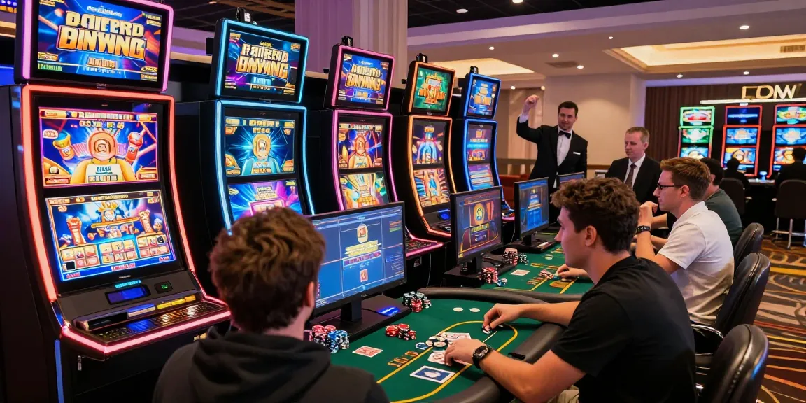 Exciting online slot gaming scene featuring diverse players engaged at vibrant digital machines
