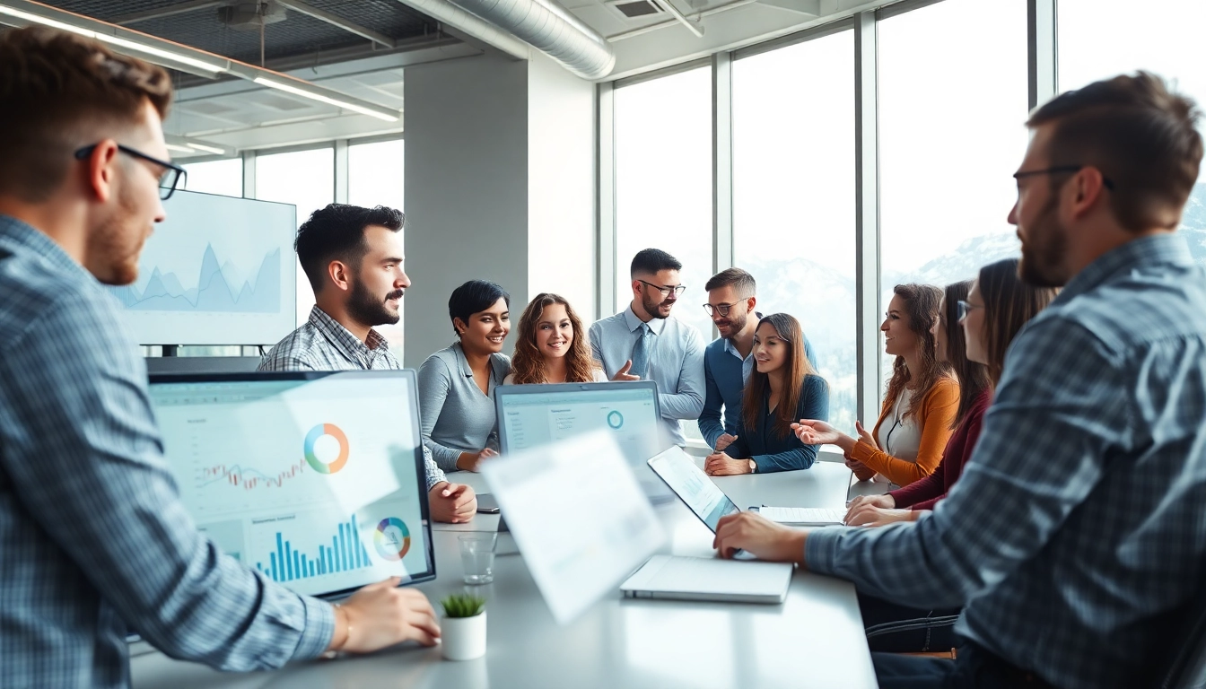 Ein Team der SEO Agentur arbeitet zusammen und analysiert Daten in einem modernen Büro.