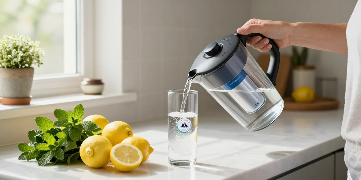 AQUA CREST Magnesium Water Filter enhancing fresh water in a bright kitchen with fruits.