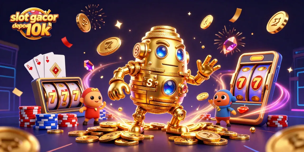 Menangkan jackpot dengan slot gacor depo 10k dan simbol mesin slot berkilau di sekelilingnya.