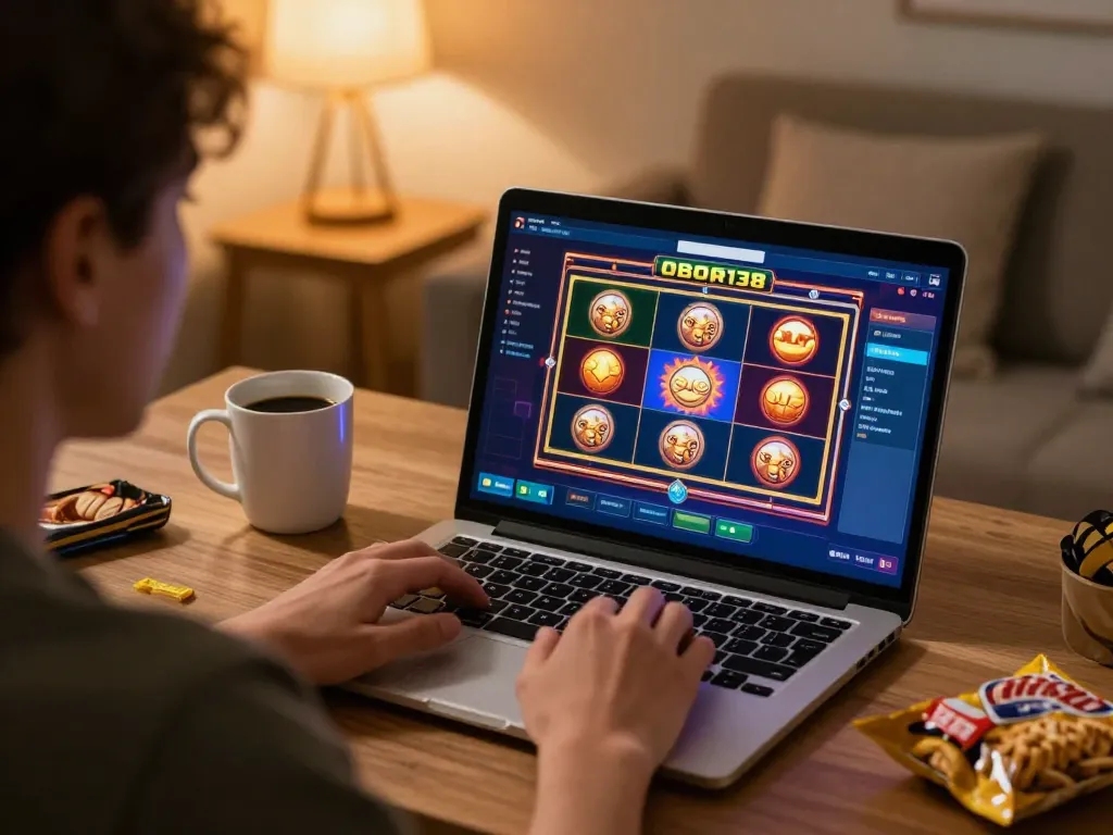 Player enjoying an exciting situs gacor slot game on a laptop, highlighting immersive gaming experience.
