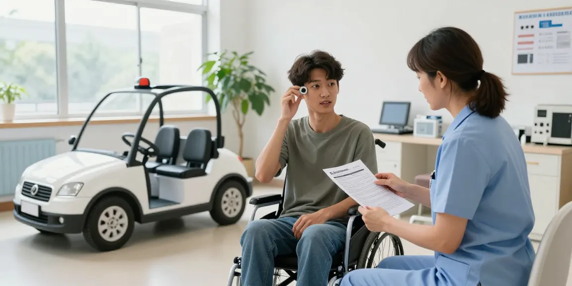 Patient undergoing an OT driving assessment with a therapist evaluating cognitive and visual skills.