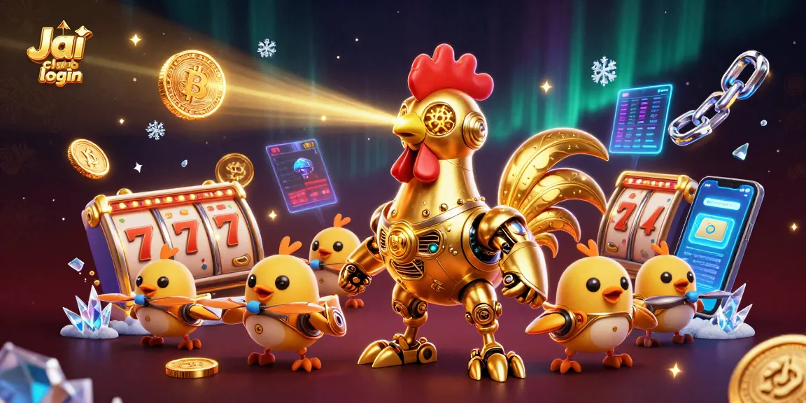 Engage in a thrilling gaming experience with Jai club login featuring a vibrant golden rooster robot and baby chick drones.
