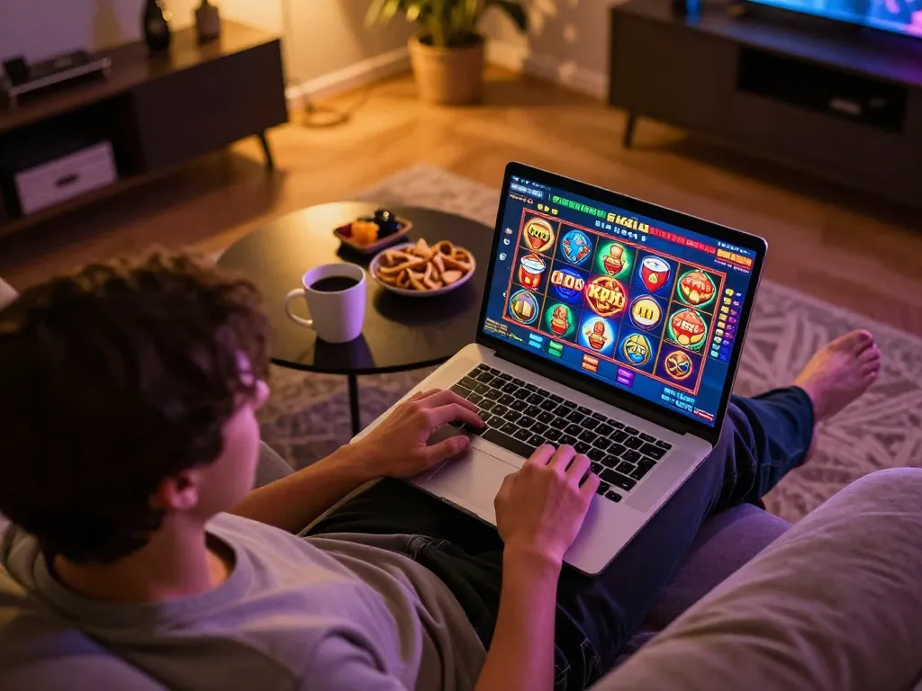 Player enjoying slot bet kecil on a laptop at home, colorful game interface displayed, warm and inviting atmosphere