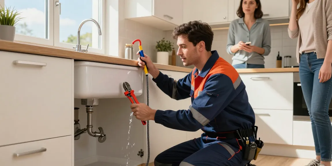 Leighton Buzzard emergency plumber diagnosing a leak under a kitchen sink with tools, ensuring prompt plumbing support.