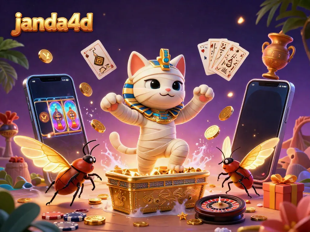 Permainan slot janda4d yang menampilkan kucing mummy 3D dan scarab berkilauan di kasino.