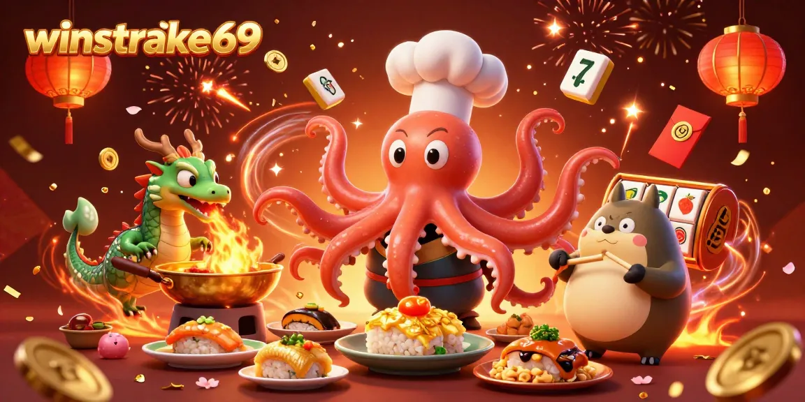 Winstrike69 showcases a 3D cartoon sushi chef octopus preparing dishes in a vibrant casino scene.