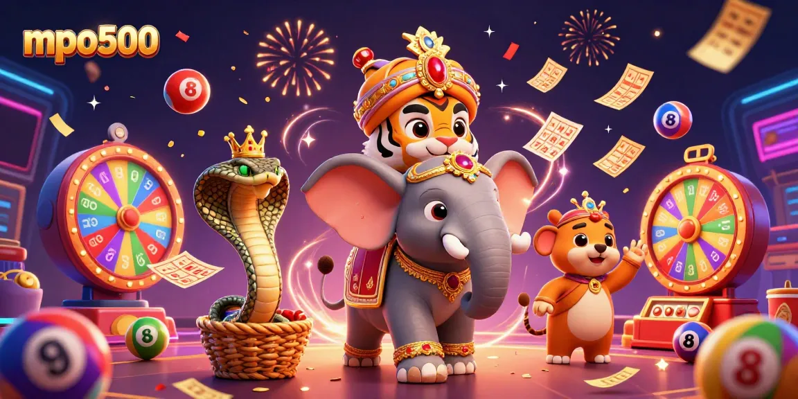 Experience the thrill of mpo500 with vibrant lottery elements and enchanting characters in a dynamic casino scene.