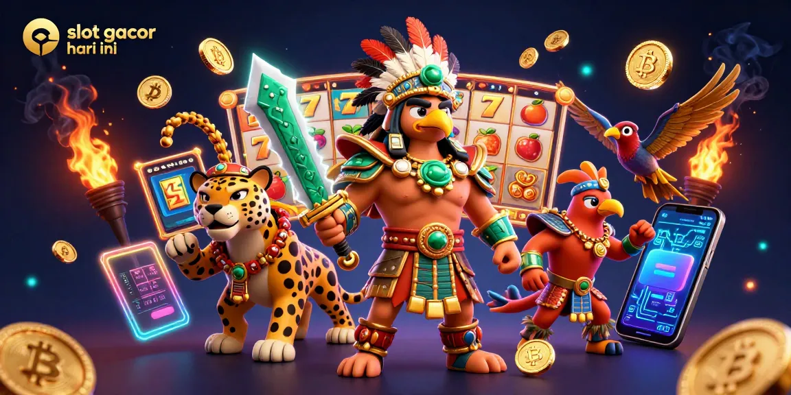 Slot gacor hari ini dengan ilustrasi 3D pejuang Aztec dan simbol jackpot