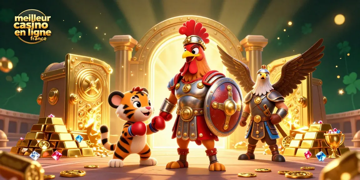 Illustration dynamique représentant le meilleur casino en ligne en France avec un coq gladiateur et des éléments de jeu.