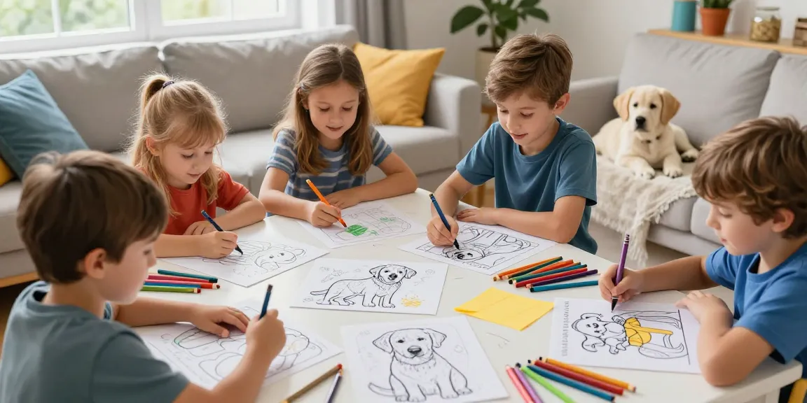 Engaging family scene with kids coloring Labrador Retriever pages, showcasing educational coloring activities.