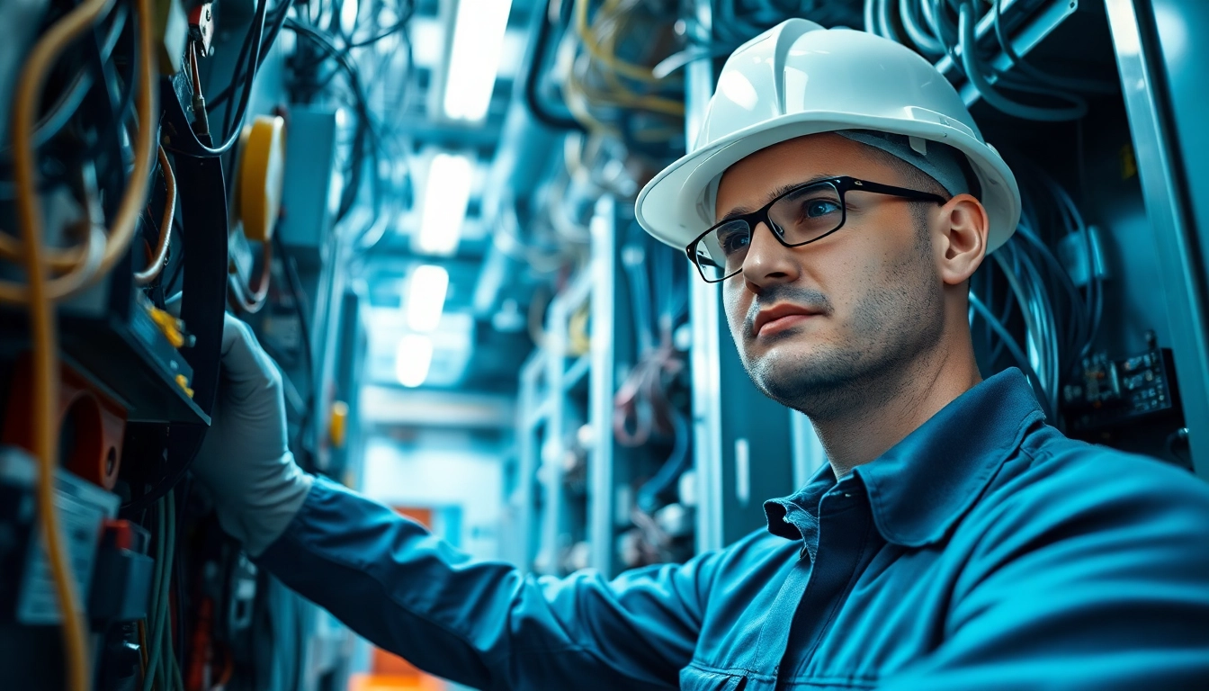 Electrician conducting electrical maintenance edmonton with precision and expertise in an industrial setting.