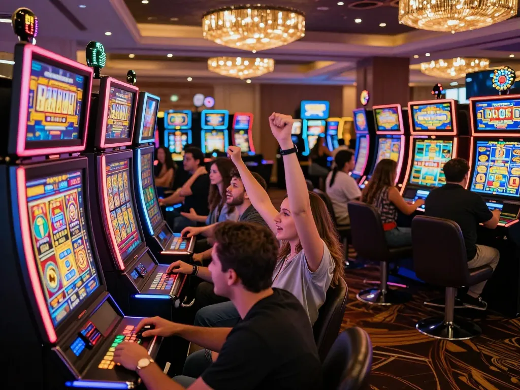 OLI 4D players celebrating a win at vibrant slot machine area in rich lighting.