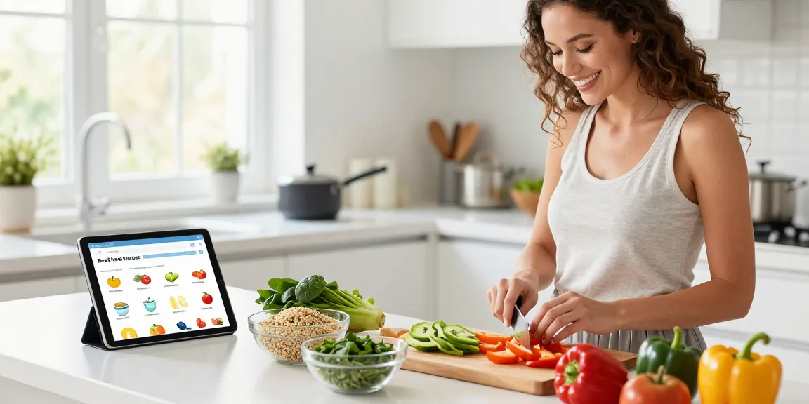 Best food tracker app displayed as a woman prepares a healthy meal in a bright kitchen.
