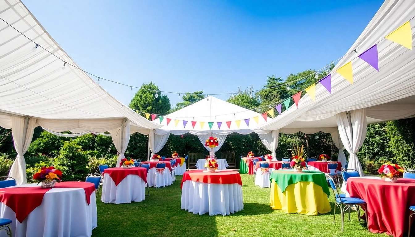 Experience vibrant party tent rentals with beautifully arranged white tents and festive decorations.
