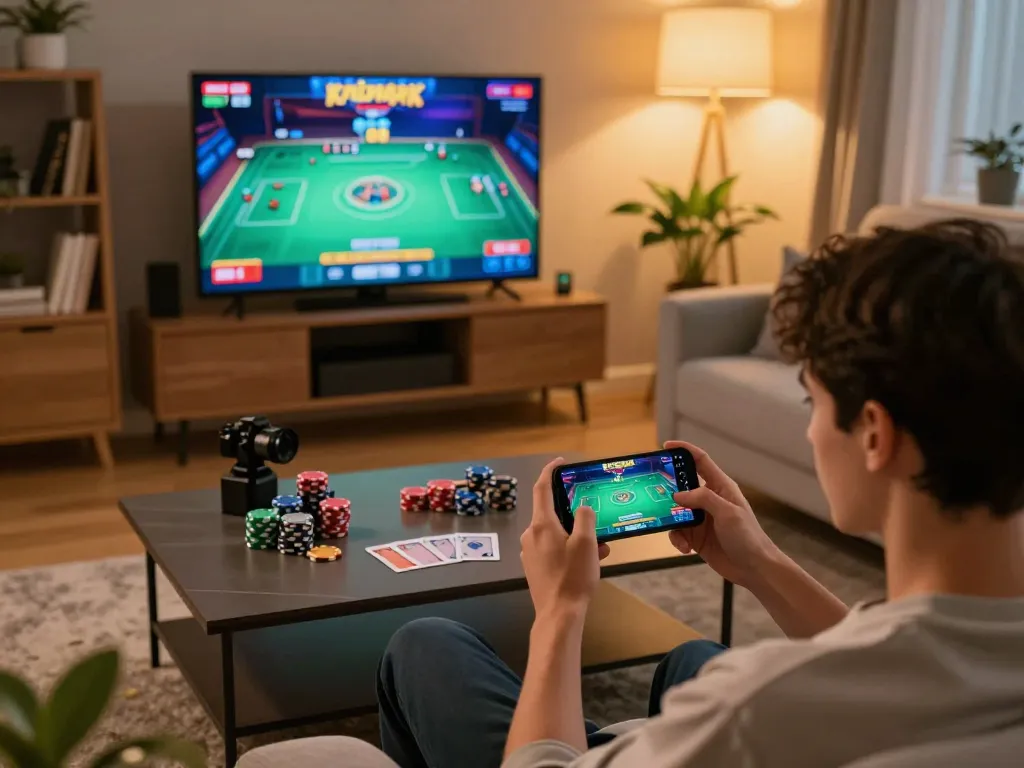 Engaged player using hitclubapk app for mobile gaming in a cozy living room.