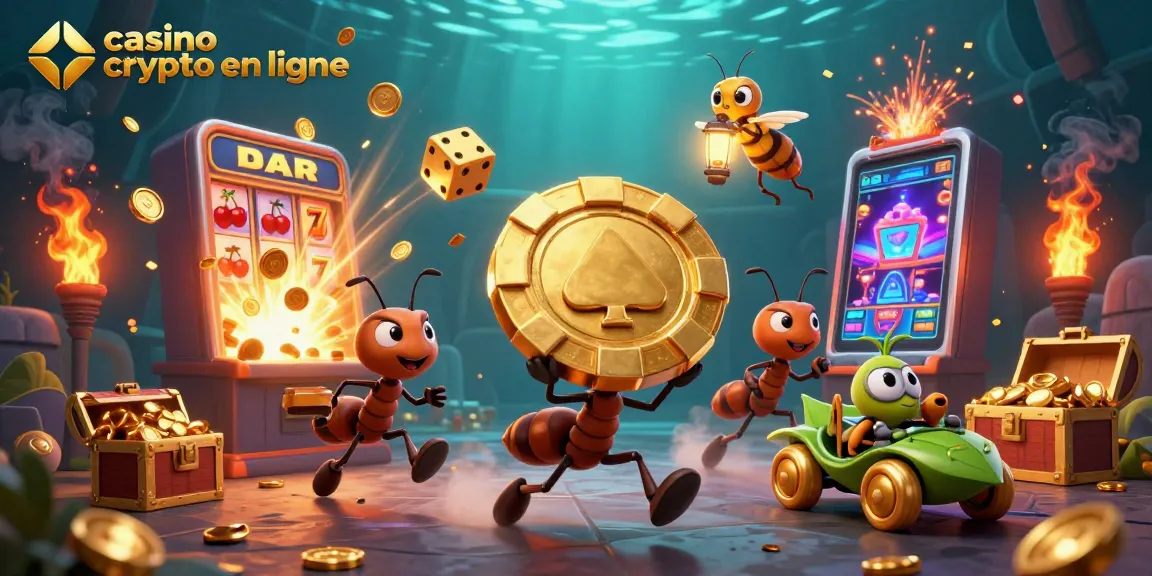 Profitez d'une ambiance lumineuse au casino crypto en ligne avec des personnages amusants transportant des jetons dorés et des éléments de jeux vibrants.