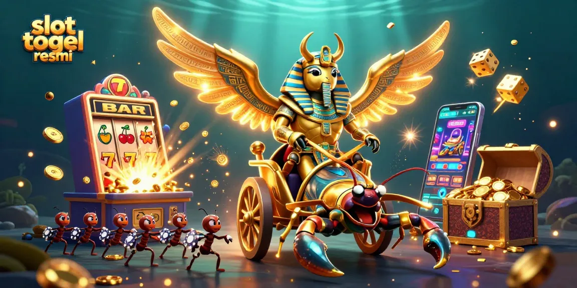 Experience the excitement of slot togel resmi with a vibrant 3D illustration of a beetle in chariot amidst casino elements.