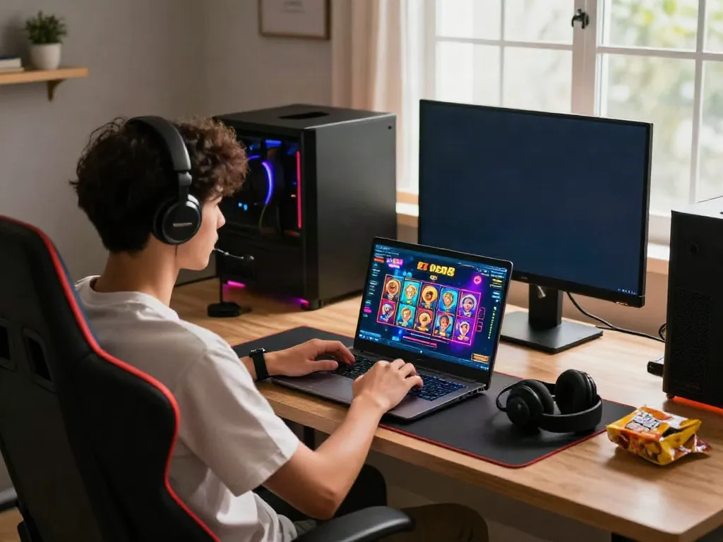 Player enjoying slot88 on a laptop in a vibrant gaming setup with colorful graphics.