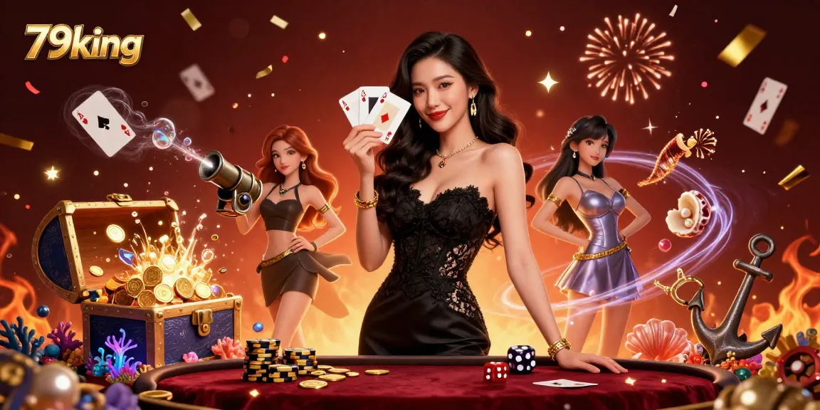Engage in thrilling games at 79king, featuring a stunning casino scene with a graceful woman holding playing cards.