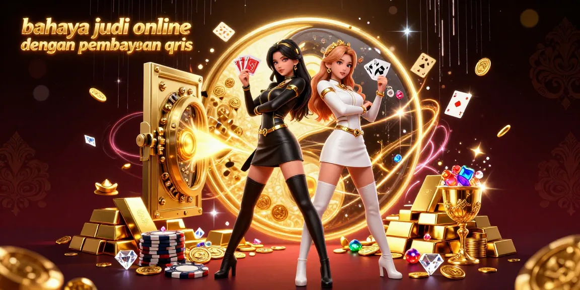 Explore the dangers of online gambling with QRIS payments showcased in a vibrant casino-themed scene.