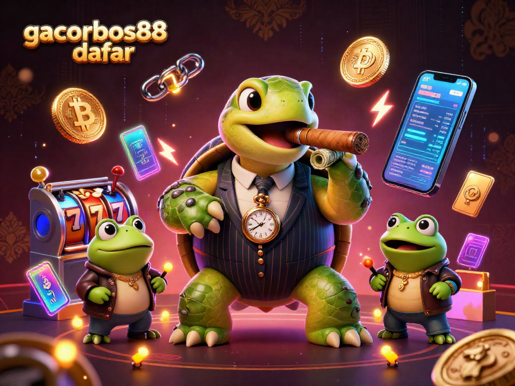 Engage with gacorbos88 daftar through an energetic casino scene featuring unique characters and vibrant elements.