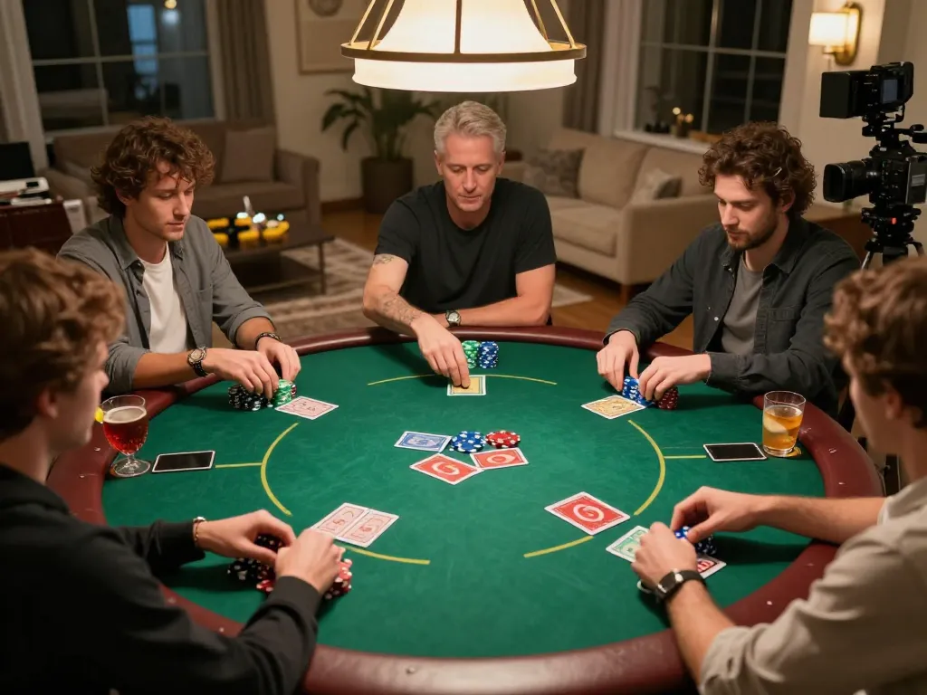 Players engage in a strategic home poker night at SC88VN with vibrant chips and cards.