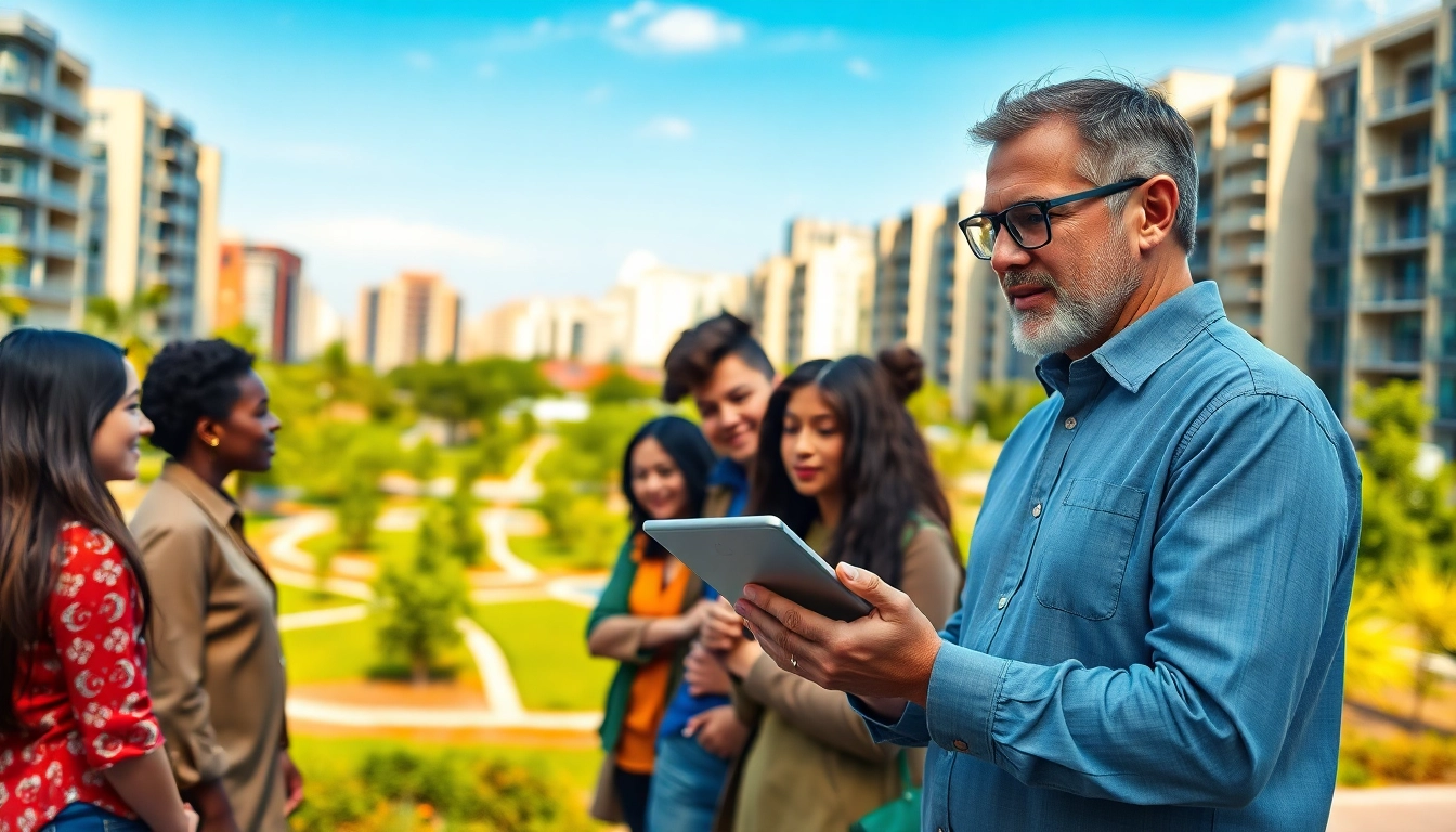 Urban planner collaborating with a community in a vibrant cityscape.
