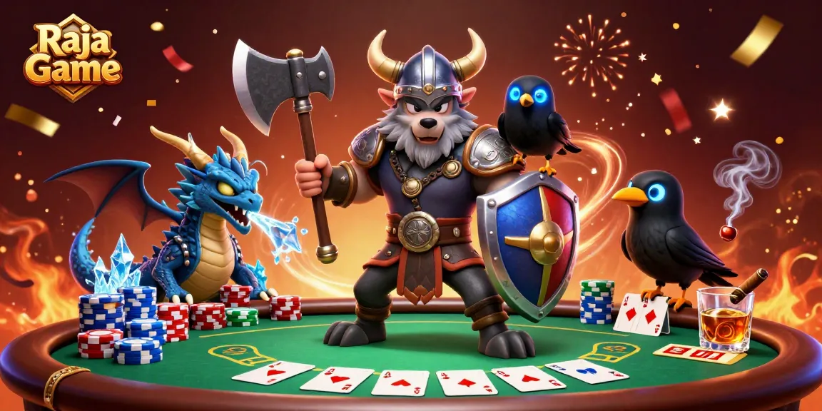 Engage with the thrilling world of Raja Game featuring a wolf warrior, dragon, and poker elements.