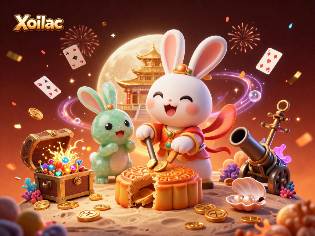 Xoilac offers exciting gaming adventures with dynamic visuals featuring a moon rabbit and thrilling casino elements.
