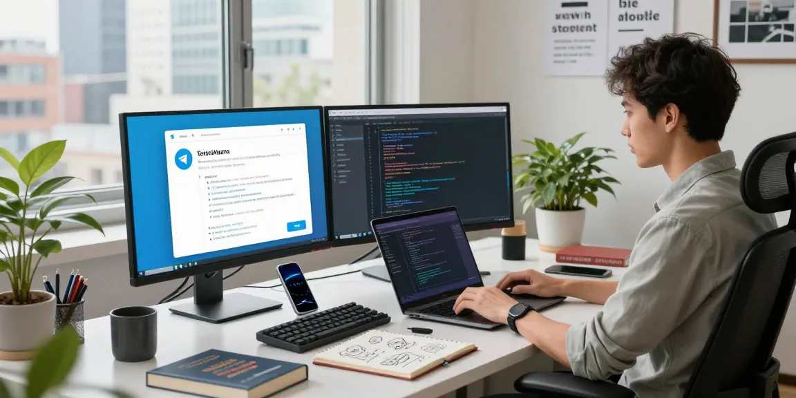 Developer coding in vibrant workspace featuring 纸飞机中文版 software interface on dual monitors.