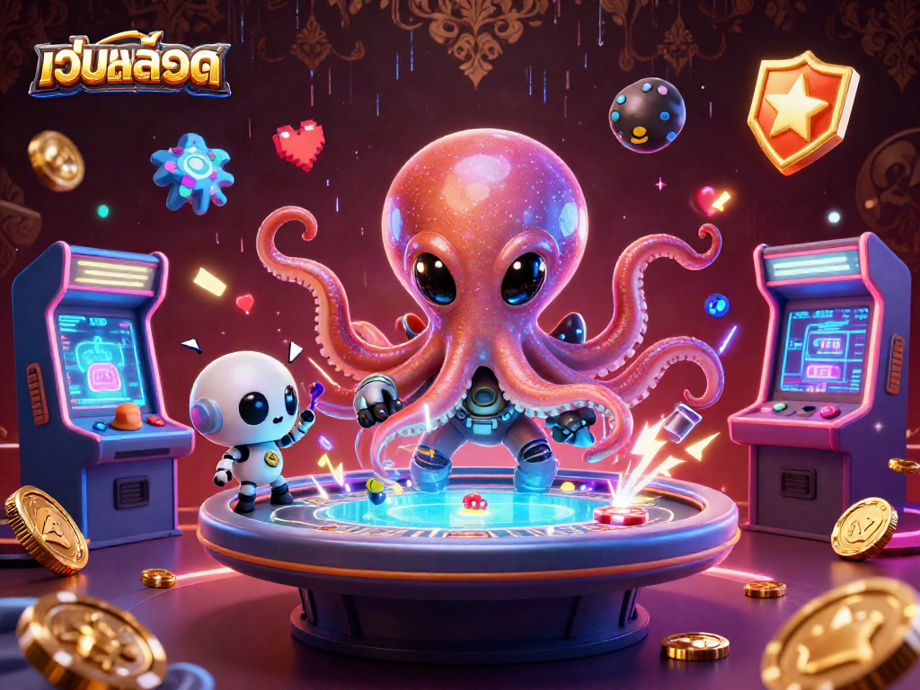 Engage with เว็บสล็อต at a vibrant alien casino featuring a holographic poker table.