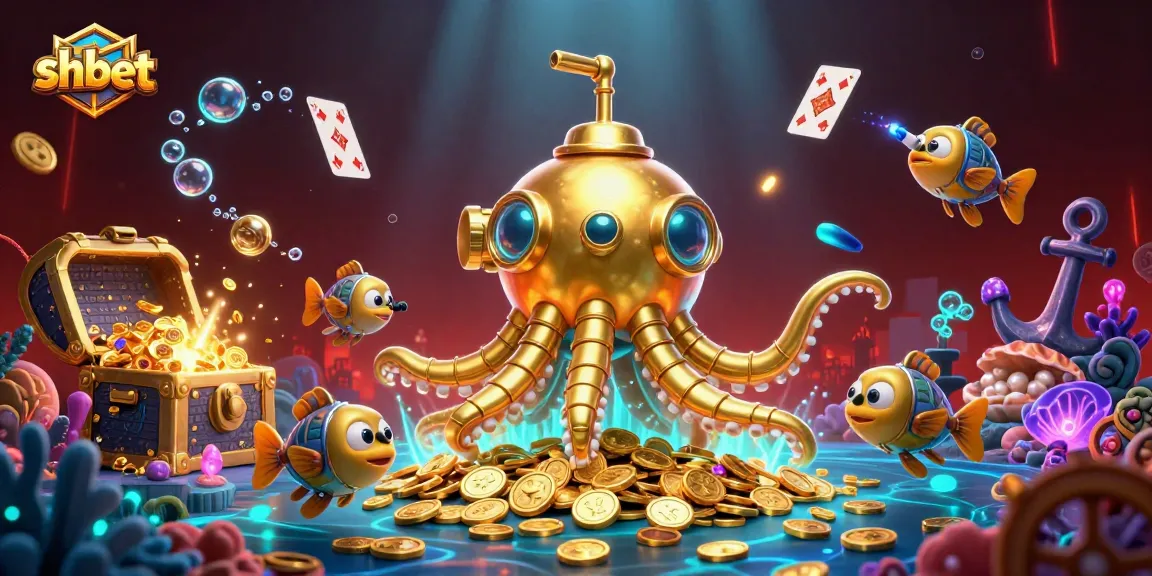 Engage with SHBET's thrilling gaming experience, featuring a golden kraken submarine and vibrant treasures.